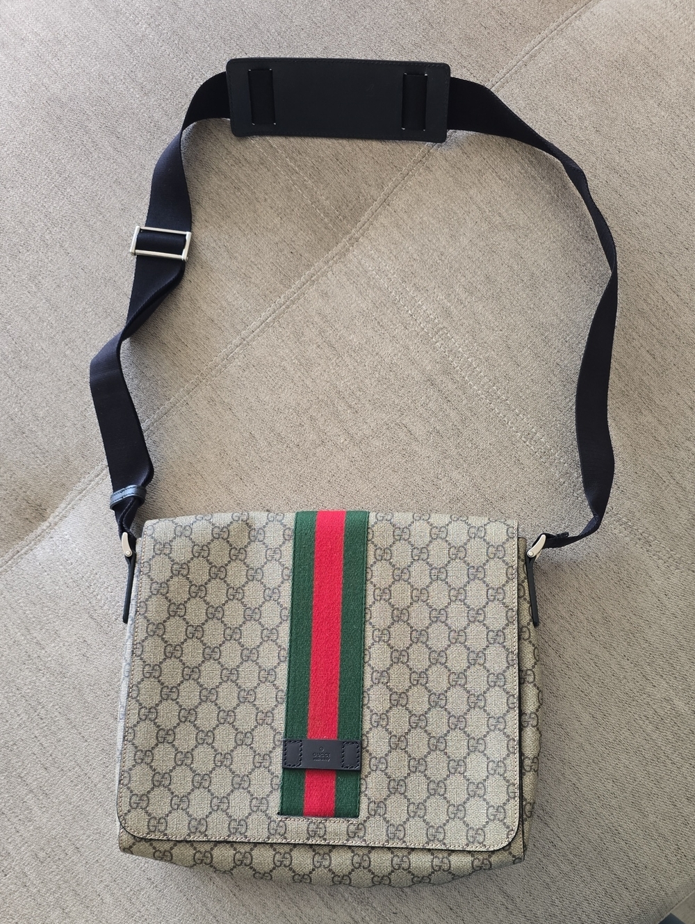 Gucci Beige GG Supreme Messenger Bag with Green and Red Stripe